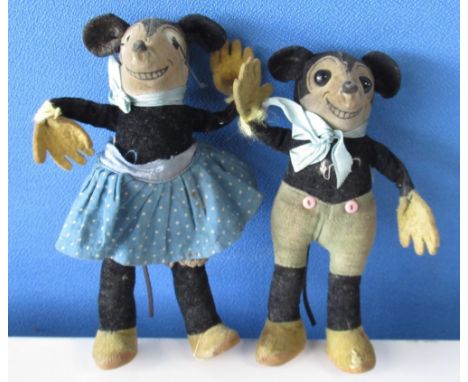 Deans Rag Book Co. 1930s wire framed Mickey Mouse soft toy with black boot button eyes and rubber tail, wearing blue shorts w