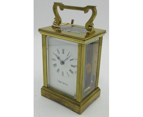 Mappin and Webb Ltd, 20th century eight day brass carriage clock, white enamel dial,with visible lever escapement,width 8cm d