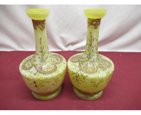 Pair of late C19th Bohemian spatter glass vases, with floral and gilt enamel decoration, H20cm, Queen Victoria Diamond Jubile