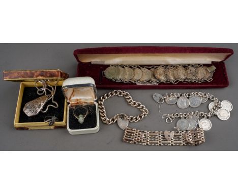 A collection of silver jewellery, including gate bracelet; curb link bracelet; threepenny coin bracelet; Wedgwood ring; etc; 