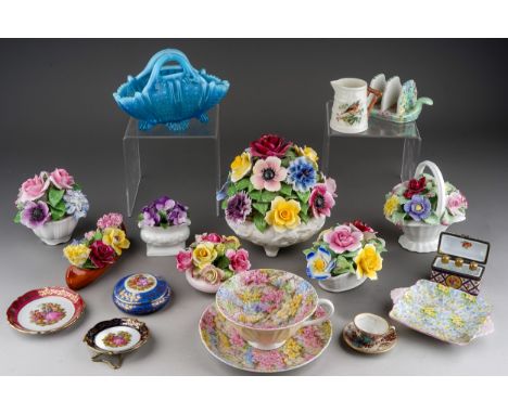 Shelley porcelain cup and saucer, toast rack, dish, Royal Worcester redstart jug, Limoges trinkets and collection of flower e
