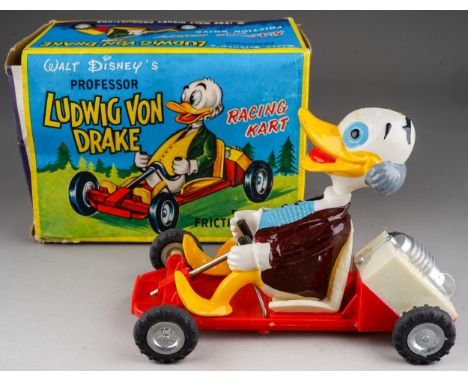 A boxed Louis Marx &amp; Co Walt Disney 'Professor Ludwig Von Drake Racing Kart with Friction Drive', box a bit tired to ends