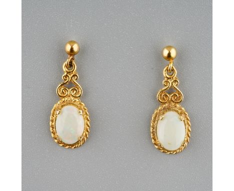 A pair of 9ct yellow gold and opal drop earrings, post and butterfly fittings, gross weight approx 1.5g 