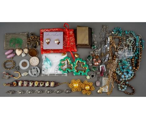 Collection of vintage costume jewellery to include necklaces, earrings, gold plated locket, silver bracelet etc, 