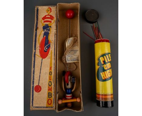 Two vintage wooden toys, comprising a cardboard tube containing "Pile 'em High" wooden stick game and a boxed  Kolombo Clown 