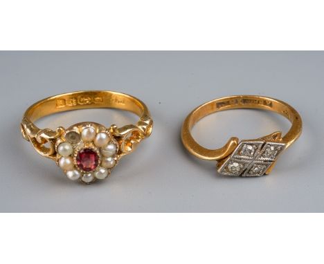 An early Victorian century yellow gold ring, set with a pink stone within a border of seedpearls, hallmarked Birmingham 1838,