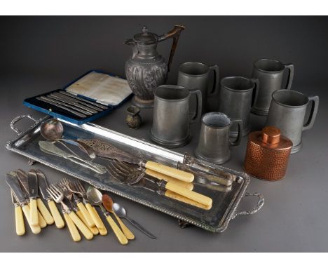 A box of assorted 19th and 20th century metalware, including an oval copper tea caddy by J.S. & S, six pewter tankards, a pew