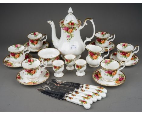 Royal Albert "Old Country Roses" to include: coffee pot, six coffee cups, five saucers, milk jug, sugar bowl, three egg cups 
