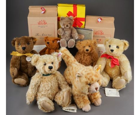 A collection of Modern Steiff Teddy Bears to include: two Classic 1909s (brown and yellow plush); a mohair elephant button Te