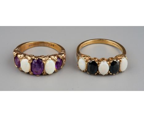 A 9ct yellow gold amethyst and opal five-stone ring, size M, gross weight approx 4.8g; together with a 9ct yellow gold sapphi