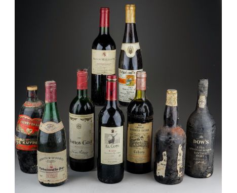 Nine bottles of port, whisky and wine, comprising Dow's 1986 Quinta Do Bomfim vintage port, a bottle of Haig whisky (partial 