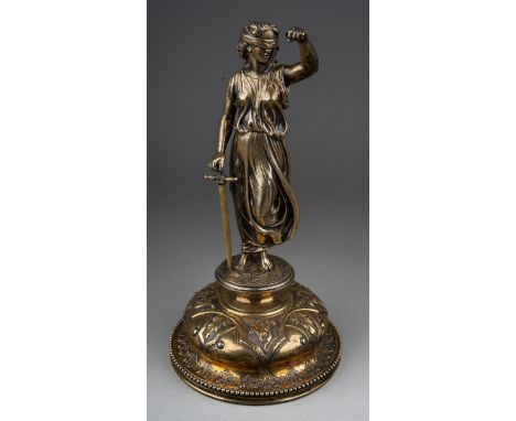 A Victorian silver gilt female figure of Justice, cast as blind folded with arm raised (lacks scales), sword in other hand po