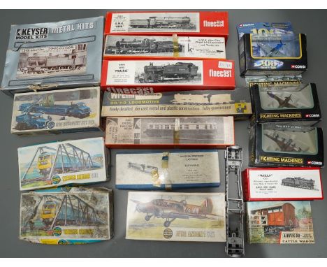 Box of vintage DIY model trains and RAF airplanes