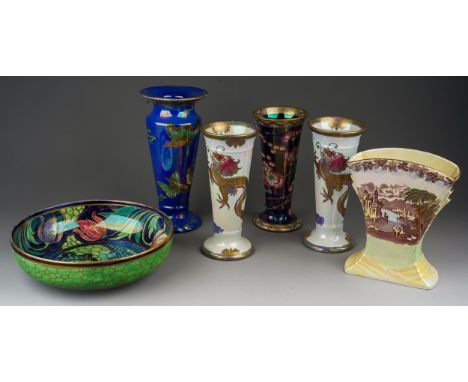 A group of Maling lustre vases to include: 1. a pair of "Dragon" trumpet vases on pearl grounds, pattern no 3206, approx 19.5