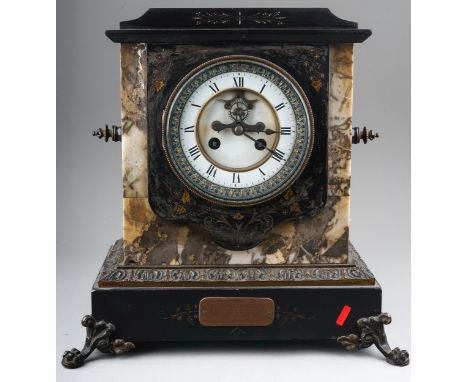 A Victorian marble mantle clock, white enamel dial with Roman numerals with brass mount, the plinth shaped body with brass si