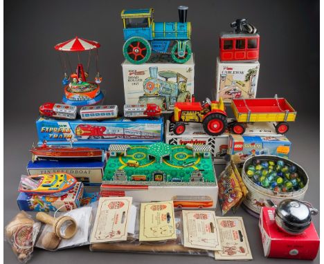A box of mostly boxed late 20th century tin plate and other childrens and collectors toys, including replica items, Kovar Ret