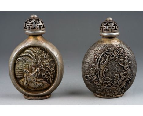 Pair of Chinese Snuff Bottles in white metal, 4 character seal mark to base. Each approx 9 cm tall 