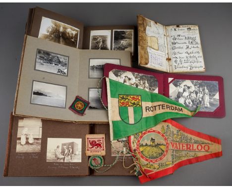 A bag containing a Victorian cash book written with ceramic marks and prices, two small souvenir flags, three albums of black