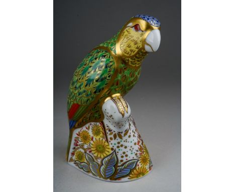 A Royal Crown Derby limited edition Amazon Green Parrot, no.1244 of 2500, gold stopper, first quality, no box or certificate 
