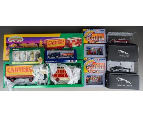 A collection of seven Corgi and Atlas Editions diecast vehicles, including a Corgi Classics 16501 Carters Steam Fair Scammell