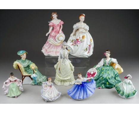 Eight Royal Doulton lady figures and a Royal Worcester figure Fragrance, the Royal Doulton comprises 'Ascot' HN2356, 'Marilyn