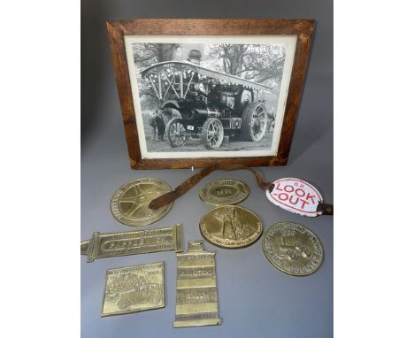 A BR (British Rail) enamelled "LOOK-OUT" arm badge on leather strap together with various Steam Rally Show prize \ commemorat