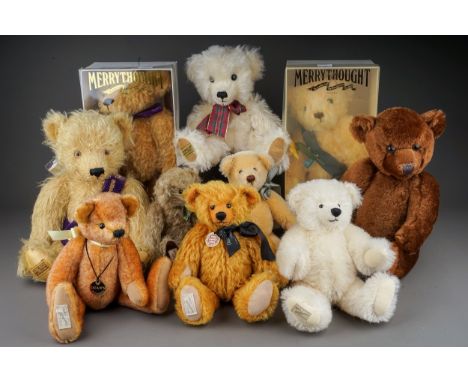 Four Merrythought Bears to include: boxed Marie Curie Growler; boxed V&amp;A oatmeal plush bear; mohair QEII Golden Jubilee w