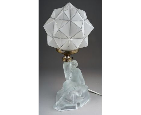 An Art Deco frosted glass figural table lamp with star shaped shade, worn chrome plated collar, height 38cm, 