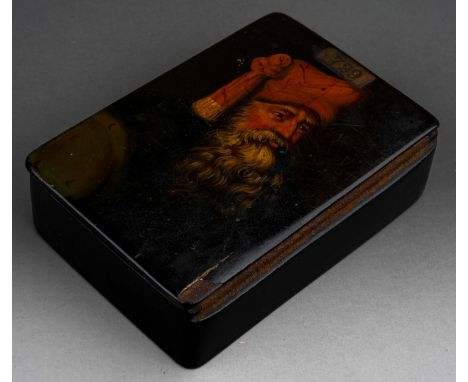 A 19th century Russian lacquer snuff box, the hinged cover painted with a portrait of a man wearing a red hat, bears old lot 