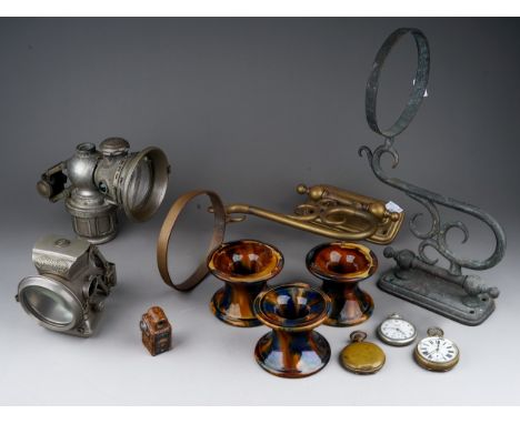 A Collectors Lot to include: Coronet midget camera; two vintage motor bike lamps (J Lucas Ltd and King of the Road), three po