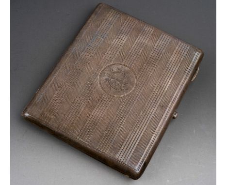 A George V silver engine turned and monogramed cigarette case, hallmarked by Colen Hewer Cheshire, Chester, 1920, approx 4.38