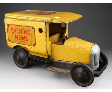 A Lines Bros large scale "Evening News (London)" Delivery Van, large scale yellow painted wooden van, three applied tinplate 