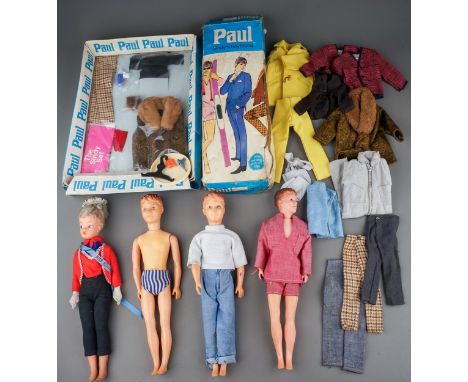 Vintage Paul and Sindy interest, a box containing three Paul dolls, a Sindy doll wearing sash and crown, clothing and accesso