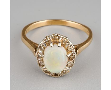 A 9ct yellow gold opal and diamond cluster ring, size R, gross weight approx 3.3g 