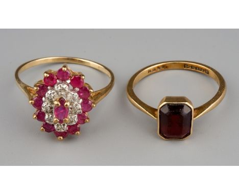 A 9ct yellow gold ruby and diamond oval cluster ring, size P1/2, gross weight approx 2.5g; together with a 9ct yellow gold an