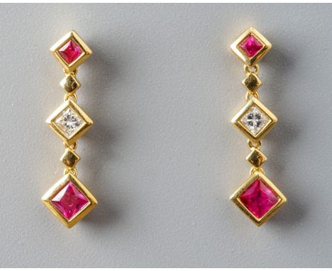 A pair of 18ct yellow gold ruby and diamond drop earrings, post and butterfly fittings, total gross weight approx 2.2g 