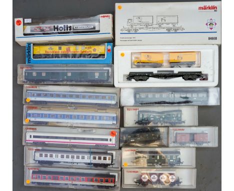 One tray of mainly Fleishmann and Marklin HO scale boxed European outline wagons and coaches 
