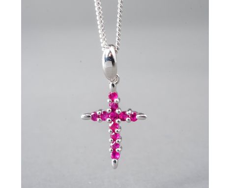 A 9ct white gold and ruby crucifix pendant necklace, set with round-cut rubies, approx 18mm, on a fine 9ct white gold chain, 