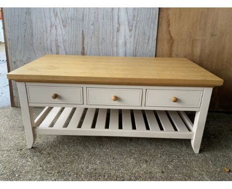 Part Painted Light Oak Coffee Table with Drawers - L110cm 