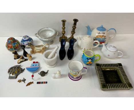 Brass Candlesticks, Ceramic Teapots, Pestle and Mortar and Collectables 