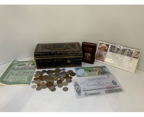 Metal Deed Box and Contents - Coins and Share Certificate etc 