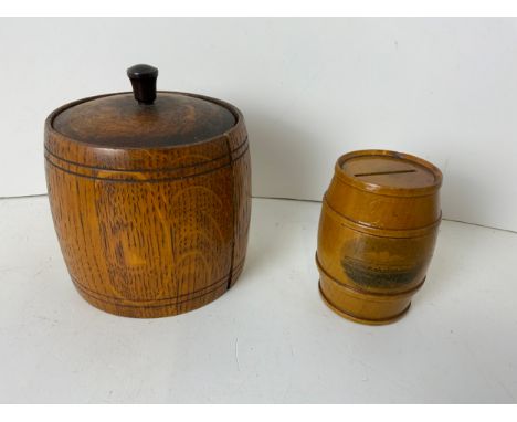 Oak Tea Caddy and Mauchline Ware Money Box 