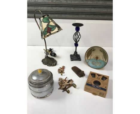 Tiffany Style Lamp, Ice Bucket, Duck Coat Hooks, Hip Flask and Door Wedge etc 