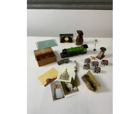 Collectables - Clock, Train Money Box, Miniature Decorative Ornaments, Brass Knocker, Postcards etc and Vintage Jigsaw etc 
