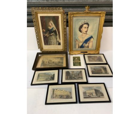 Framed Souvenir Portrait of Queen Victoria, Framed Picture Queen Elizabeth 11 and Framed Prints of London Buildings 