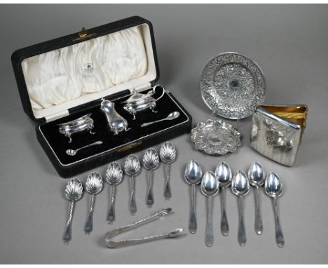 A set of six Victorian silver coffee spoons with tongs, with shell bowls and twist stems, Birmingham 1894, to/w six Scottish 