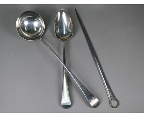 A George III Old English pattern silver soup ladle, Thomas Wallis II, London 1799, to/w a stuffing spoon, Robert Rutland 1812