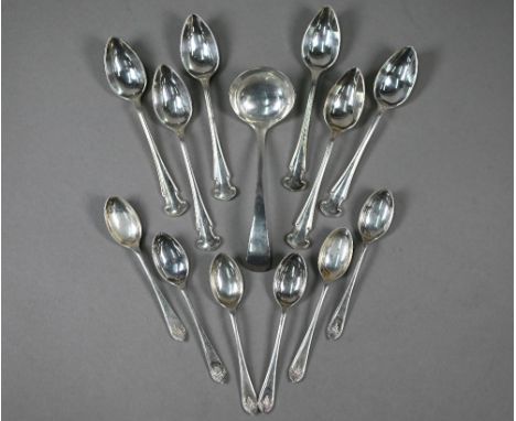 Two sets of six silver coffee spoons and a sauce ladle, various makers, Sheffield 1921/30/09, 5.9oz (13) 