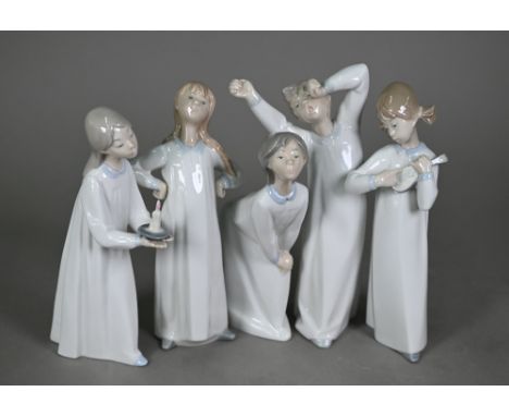 Five boxed Lladro figures 'Girl with Candle' 4868, 'Boy Awakening' 4870, 'Girl with Lute' 4871 and two copies of 'Goodnight K