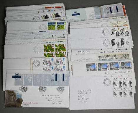 A large collection of Royal Mail and other commemorative first day covers and stamps addressed to Edmund de Rothschild (1916 